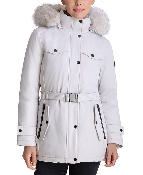 Belted Faux-Fur-Trim Hooded Puffer Coat | Macys (US)