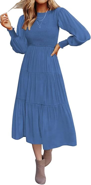 Tobrief Women's Smocked Midi Dress Fall Long Sleeve Elastic High Waist Flowy Tiered Dress | Amazon (US)