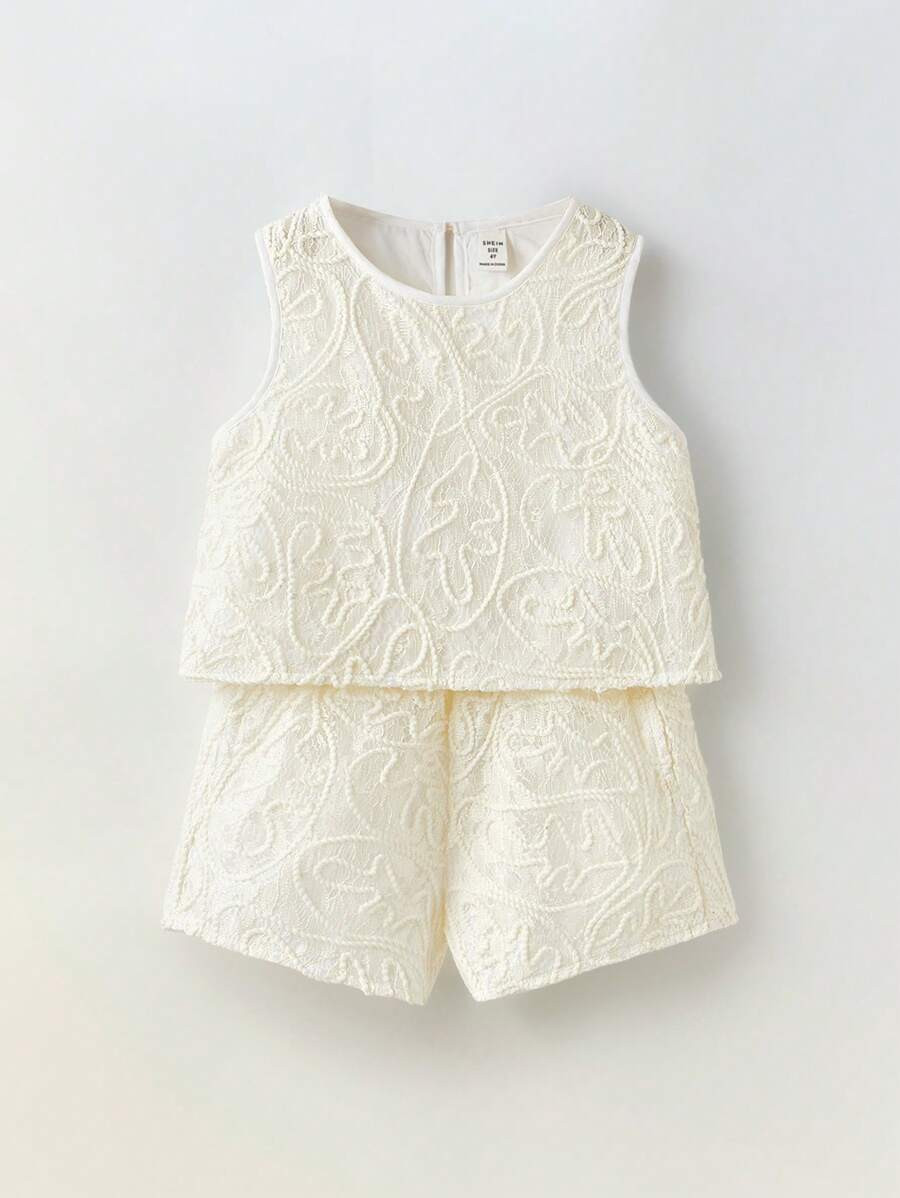 Maija Spring & Summer 2 Pieces Set For Young Girls, Includes Lace Trim Camisole Top And Shorts, E... | SHEIN