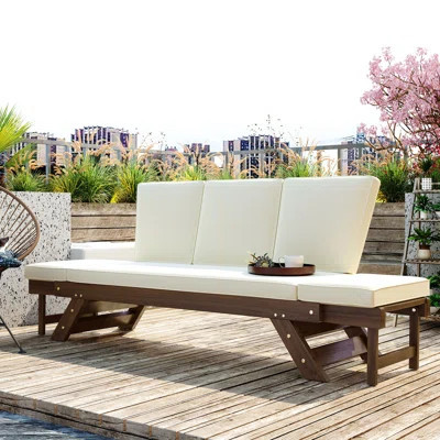 Patio Daybed With Hardwood Construction - Comfortable Cushioning Beige Wood - Upholstery Long-Lasting, And | Wayfair North America