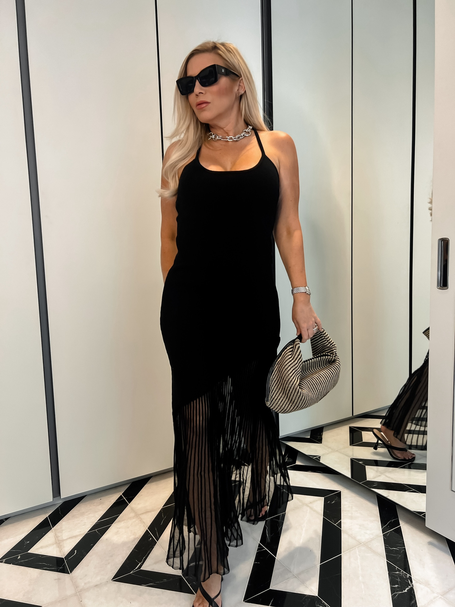 Resort or Wedding Guest Dress
Black Chelly Knitted Midi Dress with Sheer Hem Panel - This is a showstopper! Wearing a 4!

#LTKfindsunder100 #LTKfindsunder50 #LTKover40