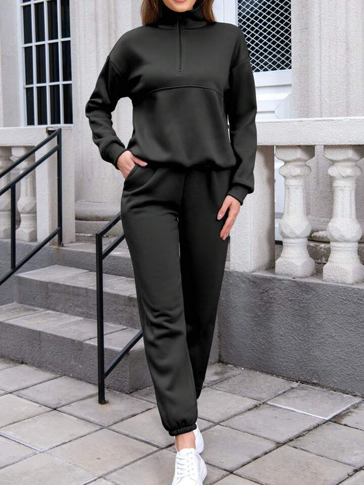 INAWLY Women's Half Zipper Drop Shoulder Sweatshirt And Jogger Pants Two Piece Set | SHEIN