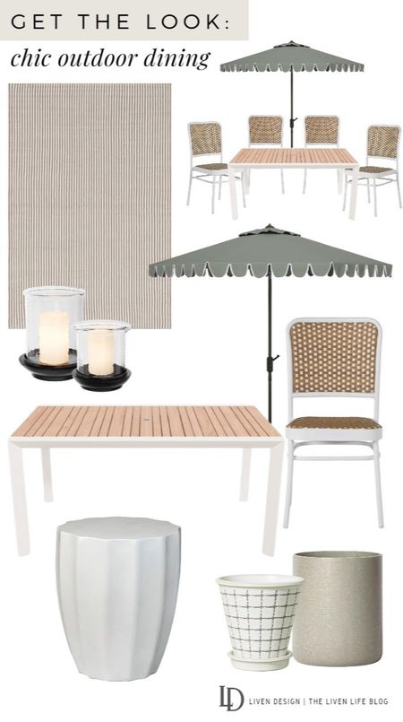 Outdoor dining. White and wood outdoor dining table. Woven white outdoor dining chair. Outdoor rug. Outdoor planters. Outdoor candle hurricanes. Outdoor scalloped patio umbrella. Outdoor white accent table garden stool. 

#LTKSeasonal #LTKHome #LTKStyleTip