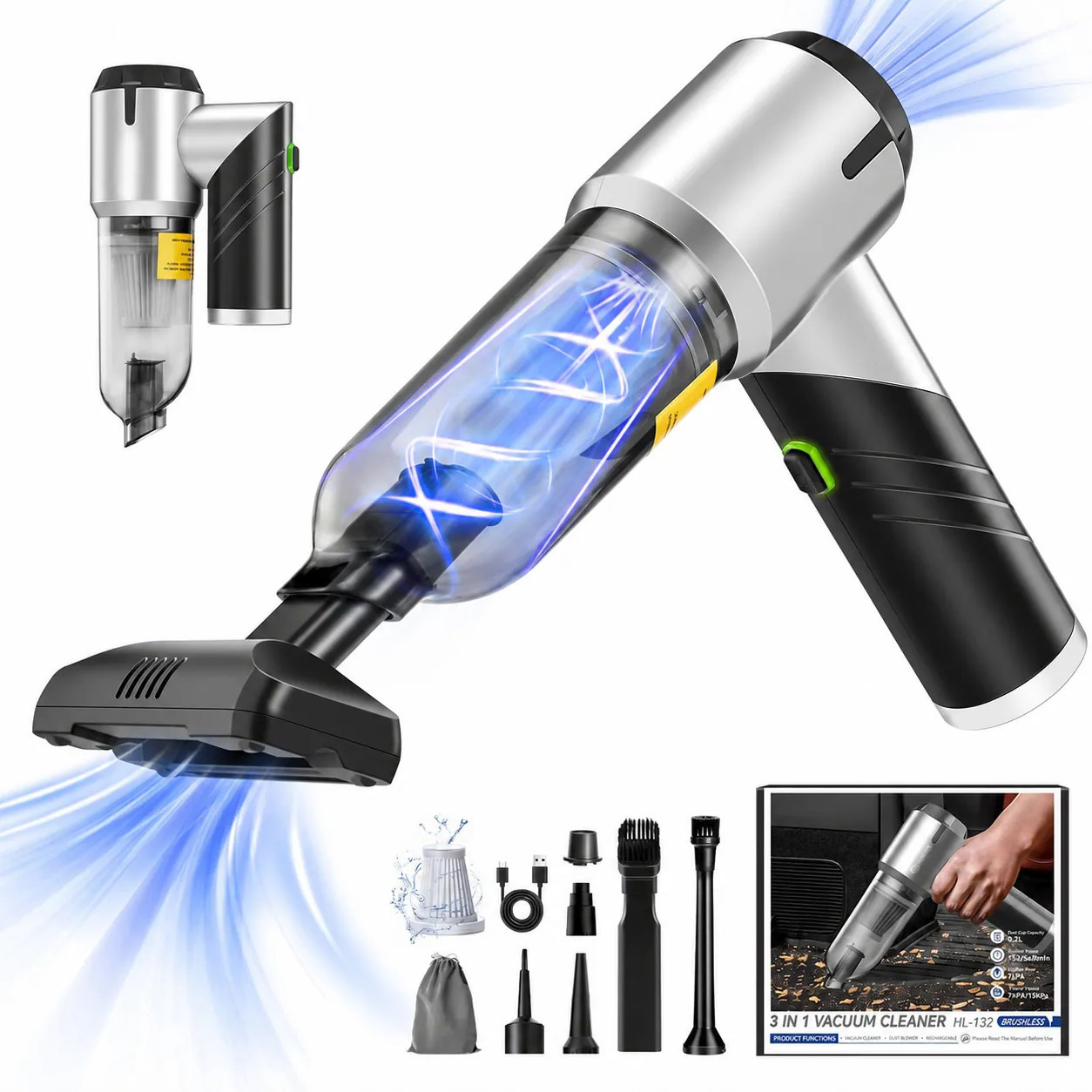 Anqtovp Handheld Car Vacuum Cordless Portable 17000PA Mini Vacuum Cleaner Foldable with Brushless Motor HEPA Filter and Multi Accessories for | Lowe's