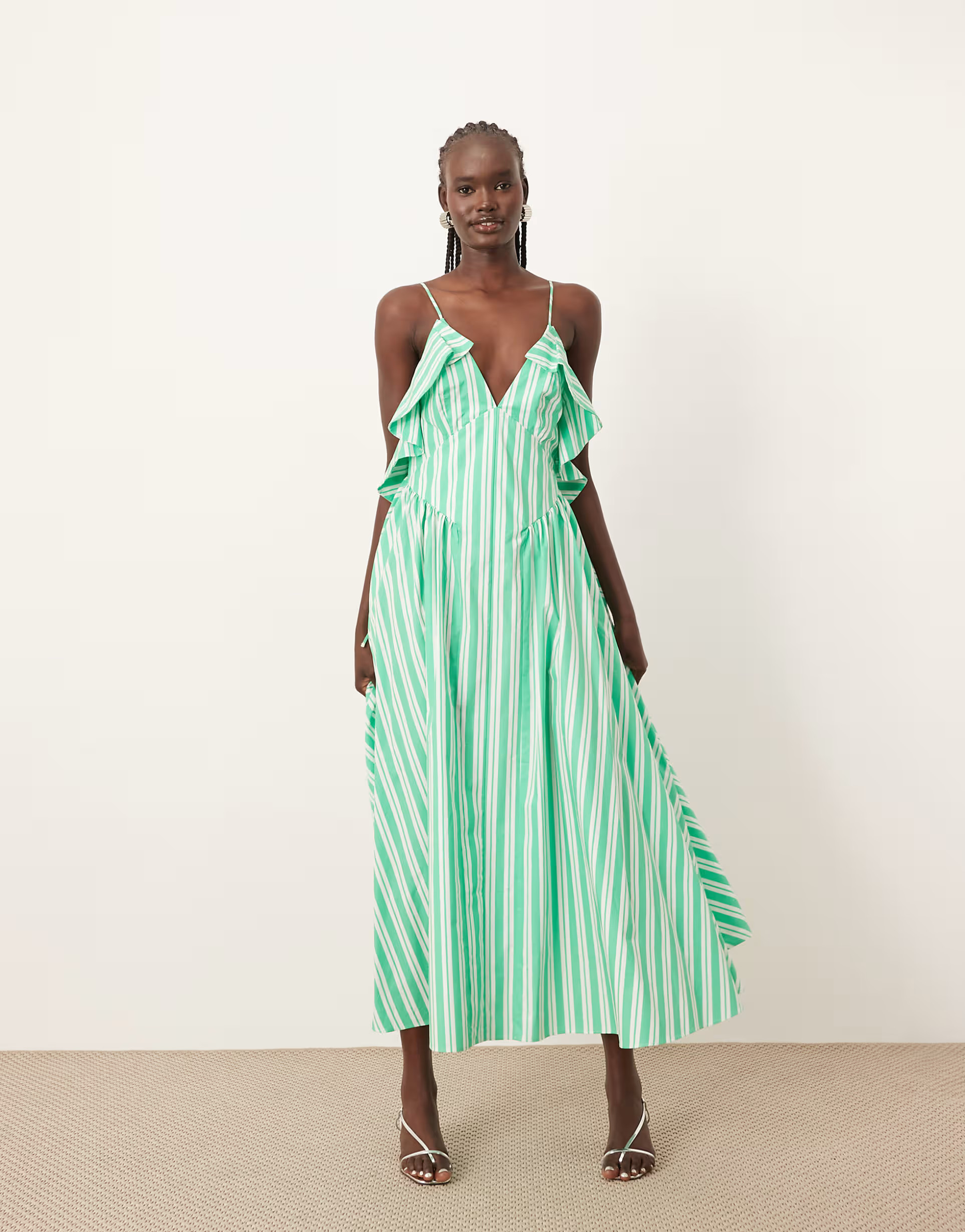 ARRANGE cotton frill detail midi dress with open back in green stripe print | ASOS (Global)