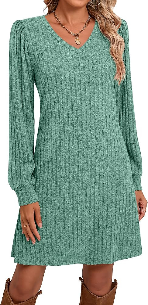 Ficerd Women's Knit Dress Long Sleeve Sweater Dress Casual V Neck Tunic Dress 2024 Fall Trendy Ou... | Amazon (US)