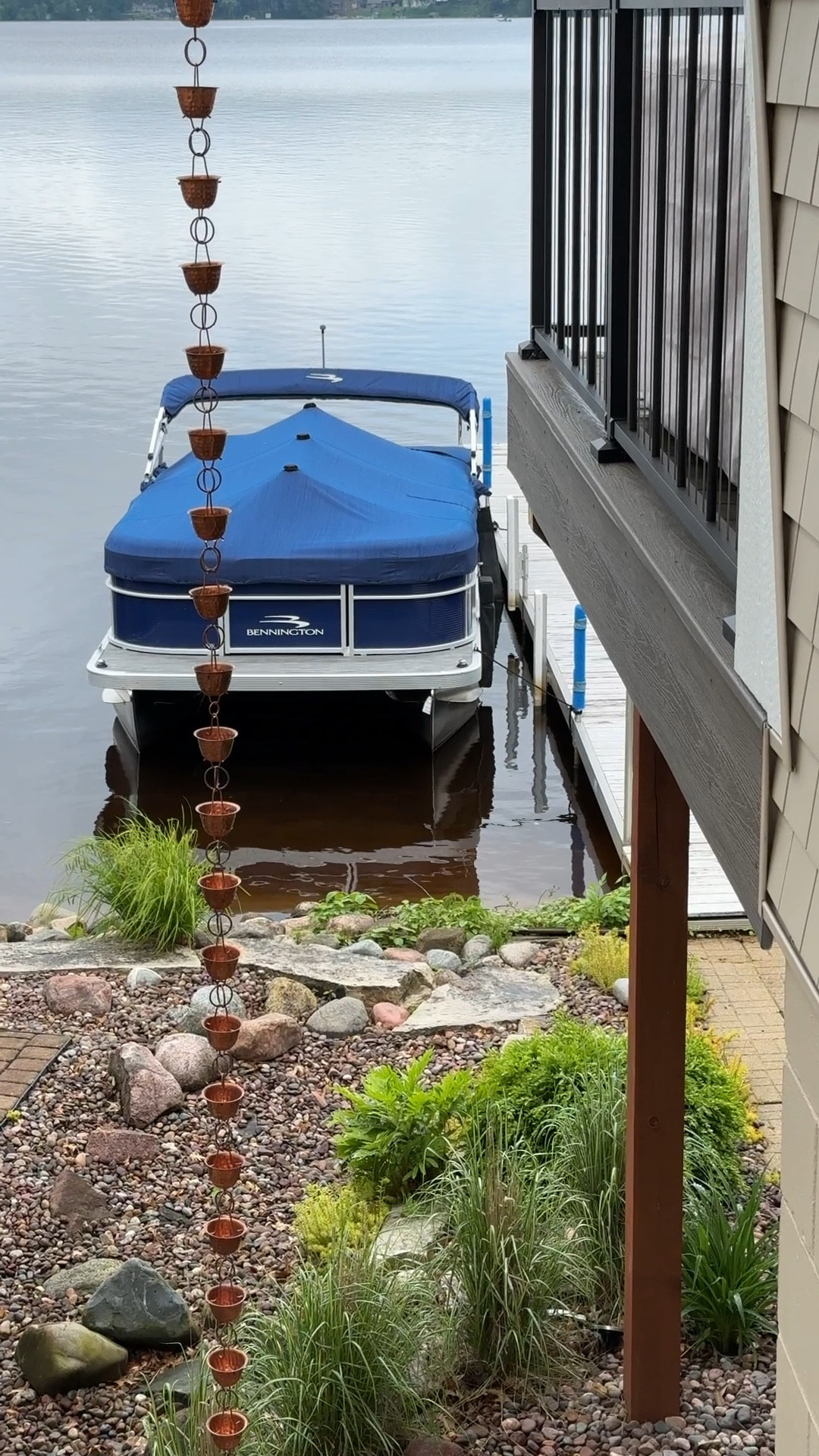 When you don’t want to see an ugly gutter downspout you use a copper rain chain. I chose a cup shaped design to handle heavier rains. This rain chain runs two levels so it’s two 8’ chains connected. A gutter adapter was used to connect it to the main gutter. 
kimbentley, outdoor decor, porch, landscape design,

#LTKHome #LTKVideo #LTKSeasonal