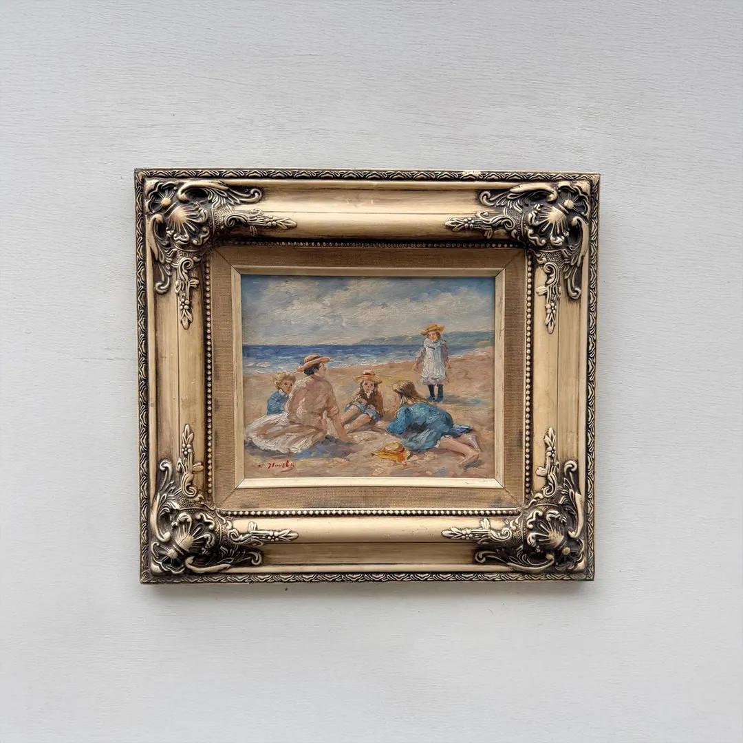 Vintage Beach Scene Painting, Woman and Children Seaside, Framed Coastal Wall Art Decor - Etsy | Etsy (Global)