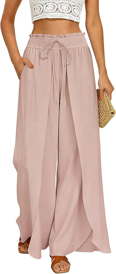 GRACE KARIN Womens Wide Leg Summer Pants Flowy Side Split Palazzo Beach Pants Boho Drawstring Hig... | Amazon (US)