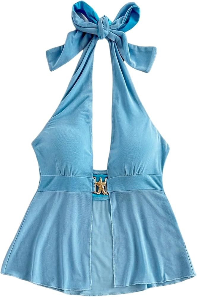 Milumia Women's Starfish Decor Backless Halter Top Tie Backless Sleeveless Split Hem Tank Tops | Amazon (US)