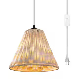 1-Light Plug-In Black Pendant Light with Hand-Woven Rattan Shade | The Home Depot