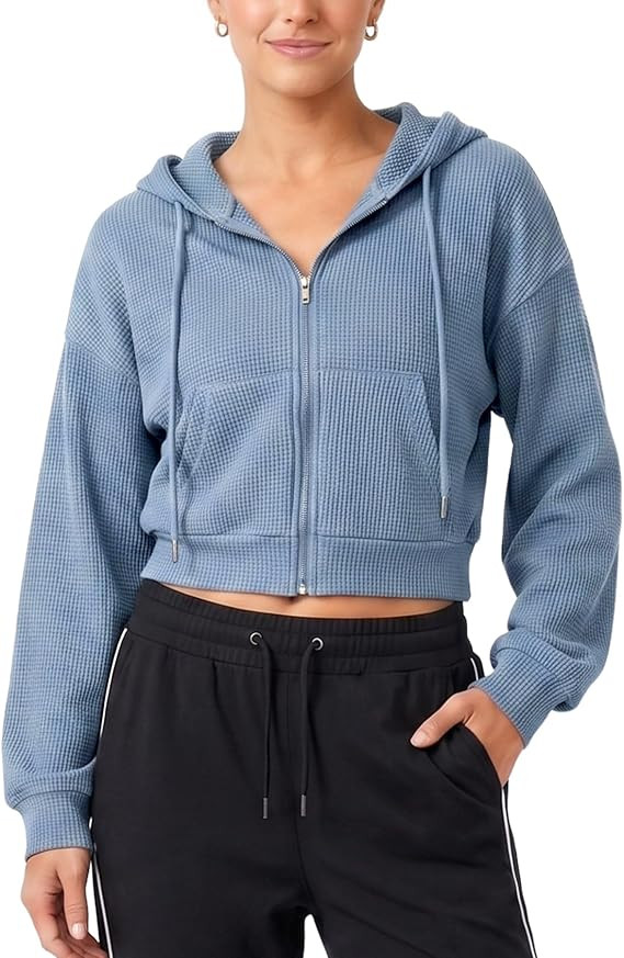 Yimoon Cropped Hoodie Women Zip Up Crop Hoodie Waffle Knit Sweatshirt Jackets | Amazon (US)