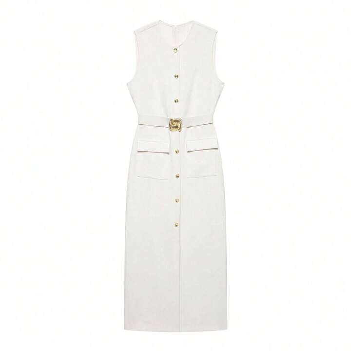 Seelio New Summer Dress For Women, Button Decor Waist-Tie Sleeveless Round Neck Dress | SHEIN