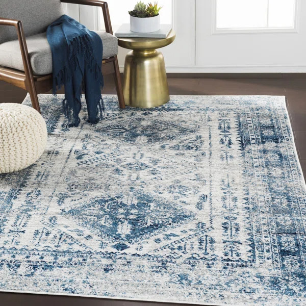 Fitz Oriental Area Rug in Sky Blue/Light Gray/White/Navy | Wayfair North America