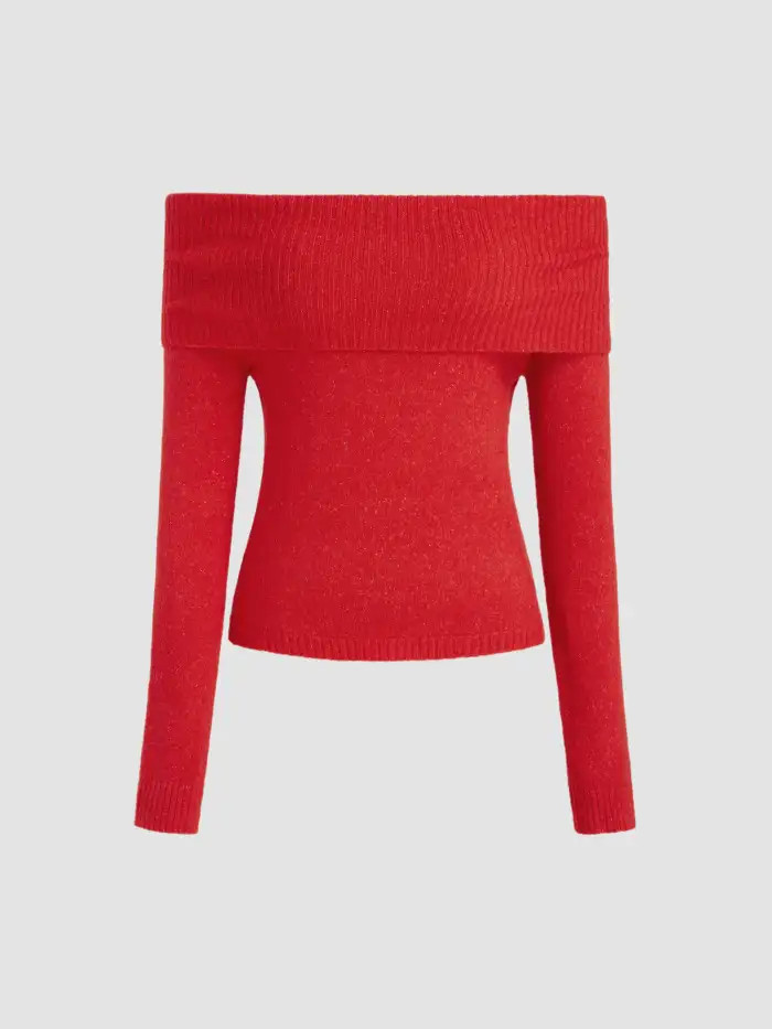 Off-shoulder Knitted Long Sleeve Top | Cider