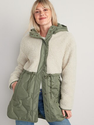 Hooded Sherpa Quilted Hybrid Coat for Women | Old Navy (US)