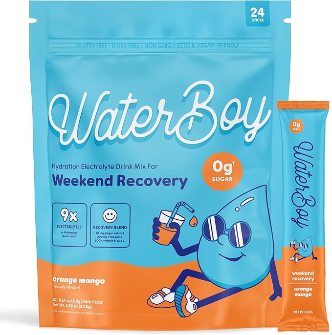 Waterboy Weekend Recovery | 3,200mg Electrolyte Powder Packets | Ginger + L-Theanine + Vitamins |... | Amazon (US)