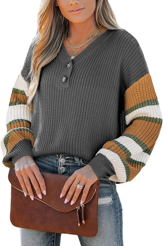 CUPSHE Womens Long Sleeve V Neck Sweaters Loose Knit Striped Button Up Chunky Oversized Pullover ... | Amazon (US)