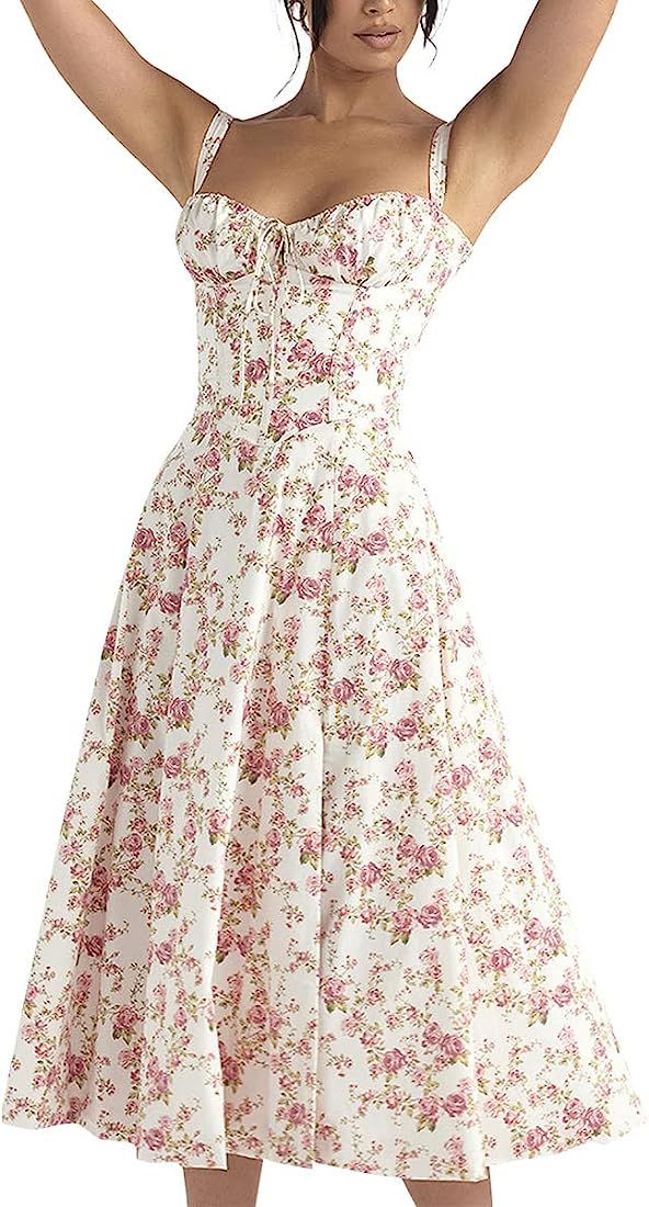 Women Floral Corset Dress, Boho Summer Spaghetti Straps Square Neck Casual Midi Dress Flowy Slit ... | Amazon (US)