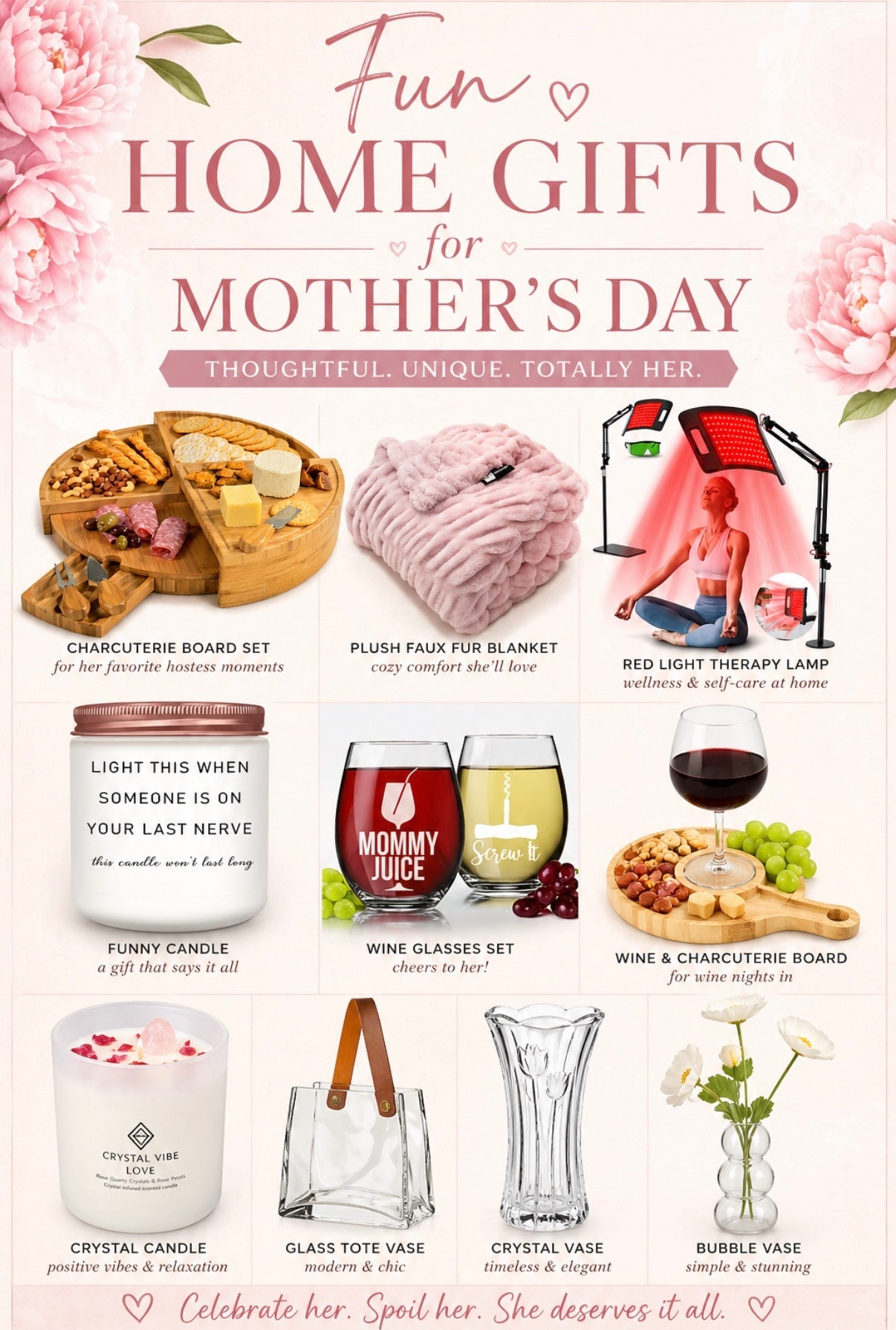 Fun Home Gifts for Mother’s Day 🎁💗
Because she deserves more than flowers… she deserves moments.

From cozy nights in 🛋️ to wine + charcuterie nights 🍷 and a little self-care glow ✨—these picks are equal parts fun, thoughtful, and so her.

Whether you’re shopping for your mom, yourself, or dropping hints 😉… these are the gifts she’ll actually use (and love).

Shop the board + make her day extra special.
#MothersDayGifts #GiftIdeasForHer #HomeGiftIdeas #CozyHome #SelfCareEssentials 

#LTKselfcare #LTKHome #LTKMothersDay