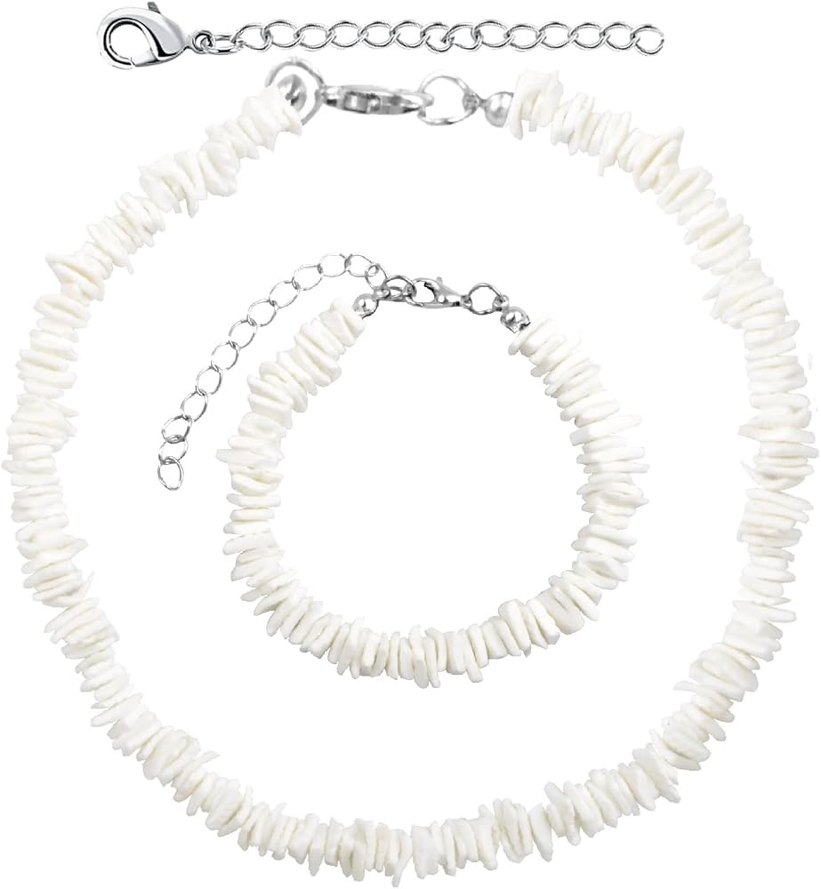 White Puka Shell Necklace Bracelet Jewelry Set, Hawaiian Seashell Beach Surfer Choker Adjustable ... | Amazon (US)