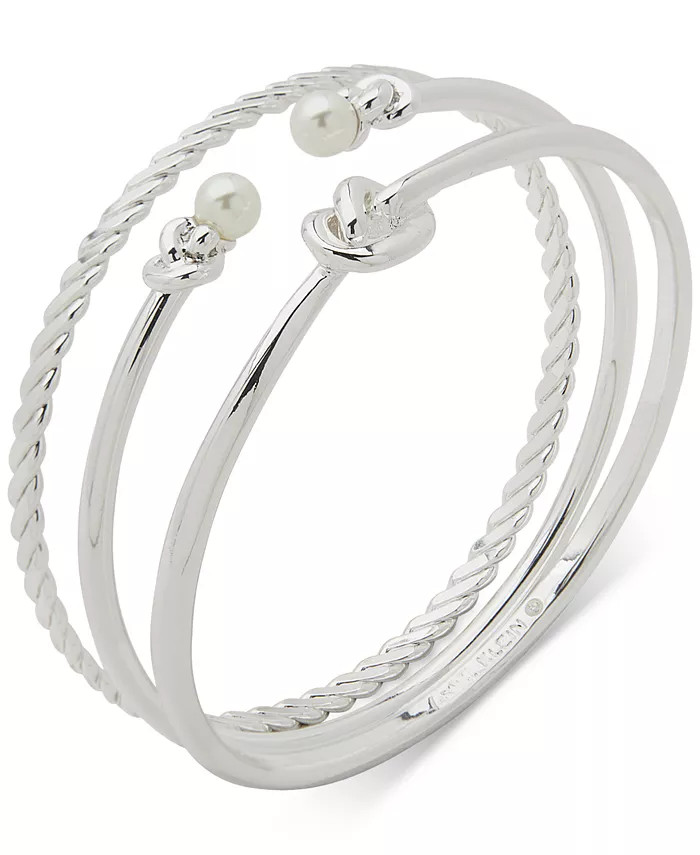 Silver-Tone 3-Pc. Set Knot & Imitation Pearl Bangle Bracelets | Macy's