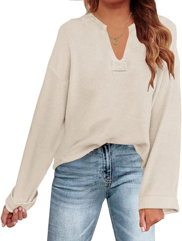 MEROKEETY Women's Long Sleeve V Neck Ribbed Knit Pullover Tops Causal Loose Henley Shirts, Beige,... | Amazon (US)