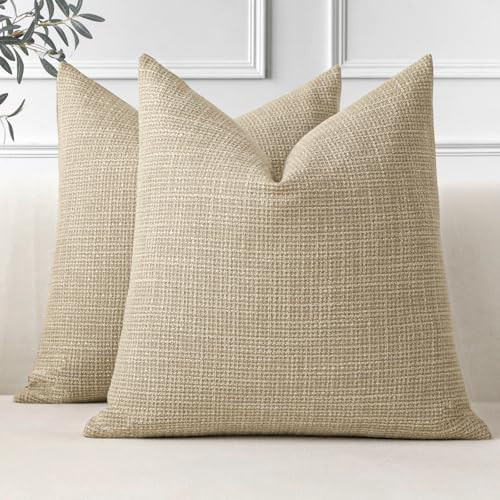 OTOSTAR Pack of 2 Throw Pillow Covers 18x18 Inch Linen Light Tan Pillowcases Farmhouse Decorative Solid Pillow Covers 45x45 cm Square Cushion Case for Home Decor Sofa Couch Bed (Light Tan) | Amazon (US)