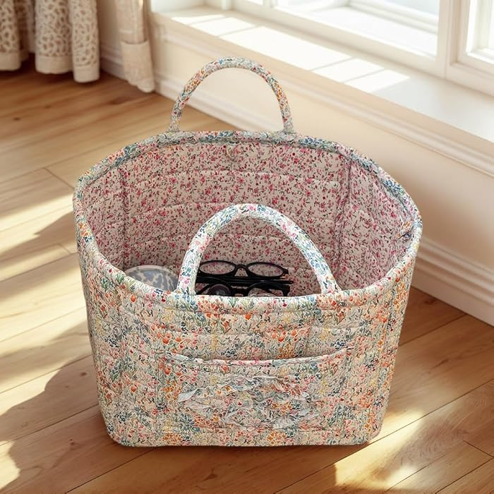 Foldable Laundry Basket Boho Bear Storage Basket Floral Quilted Fabric Car Storage Basket Handles Large Laundry Baskets for Clothes and Dolls | Amazon (US)