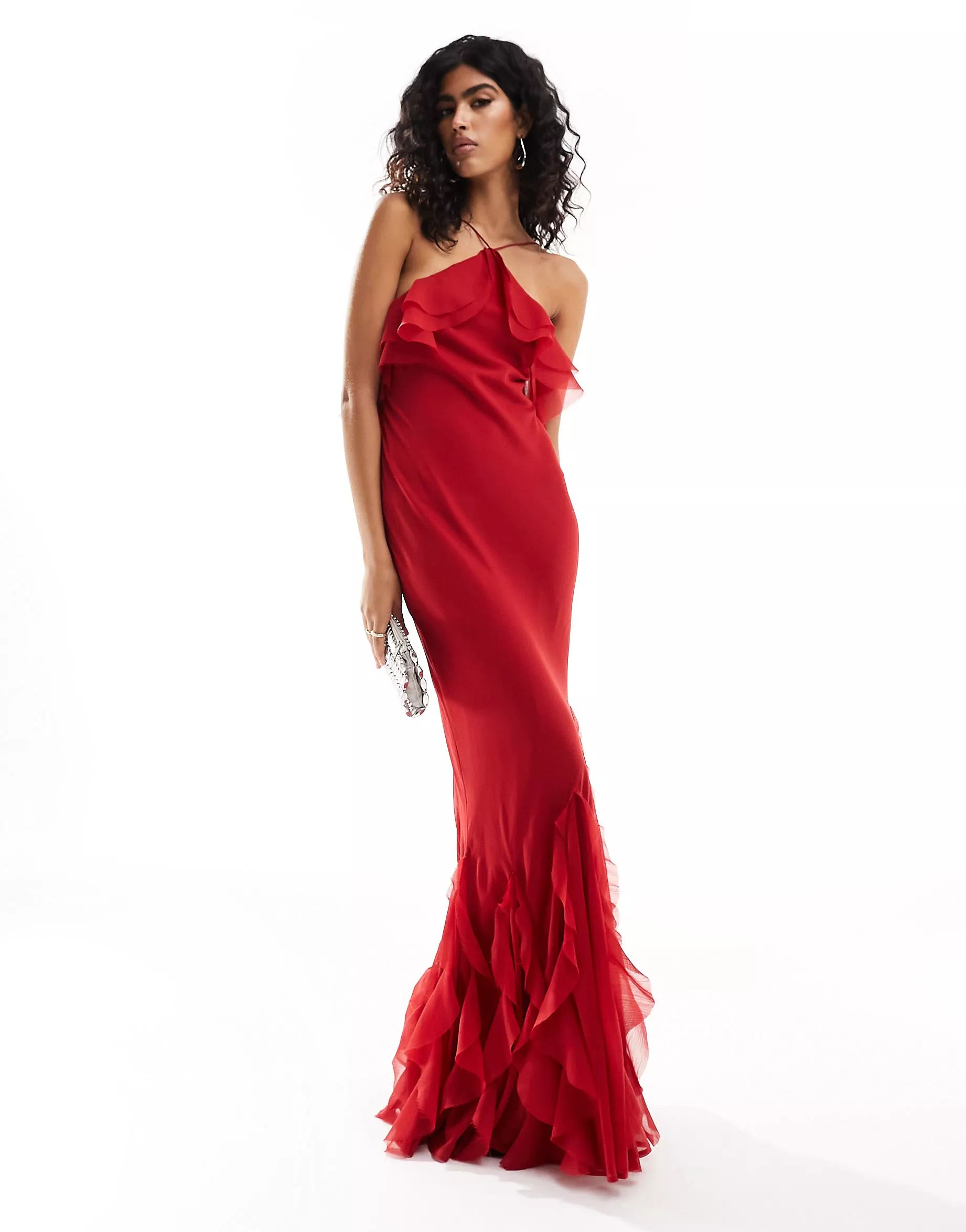 ASOS DESIGN ruffle halter bias maxi dress with ruffle hem in red | ASOS | ASOS (Global)