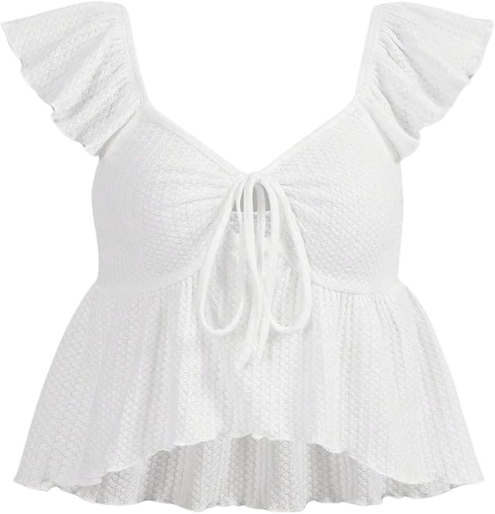 Women's Knitted Cap Sleeve Flowy Ruffle Crop Tops Tie Front Y2K Top Sweetheart Neck Street Women ... | Amazon (US)