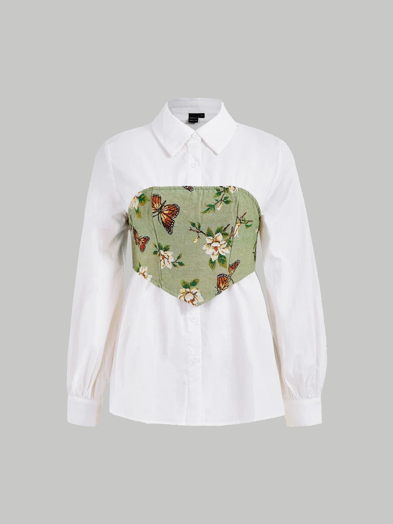 SHEIN MOD Button Front Shirt & Butterfly Print Corset | SHEIN