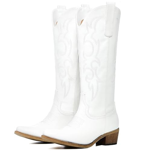 RURUNA Cowboy Boots for Women, Cowgirl Boots with Embroidered and Chunky Heel, Ideal for Daily Wear and Country Fashion, Off-White 8.5 | Amazon (US)