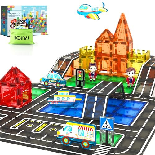 IGIVI Magnetic Tiles City Road Set with Magnet Car, Magnetic Blocks Building Toys for Kids, STEM Construction Toys for Toddlers, Gifts for 3+ Year Old Boys & Girls | Amazon (US)