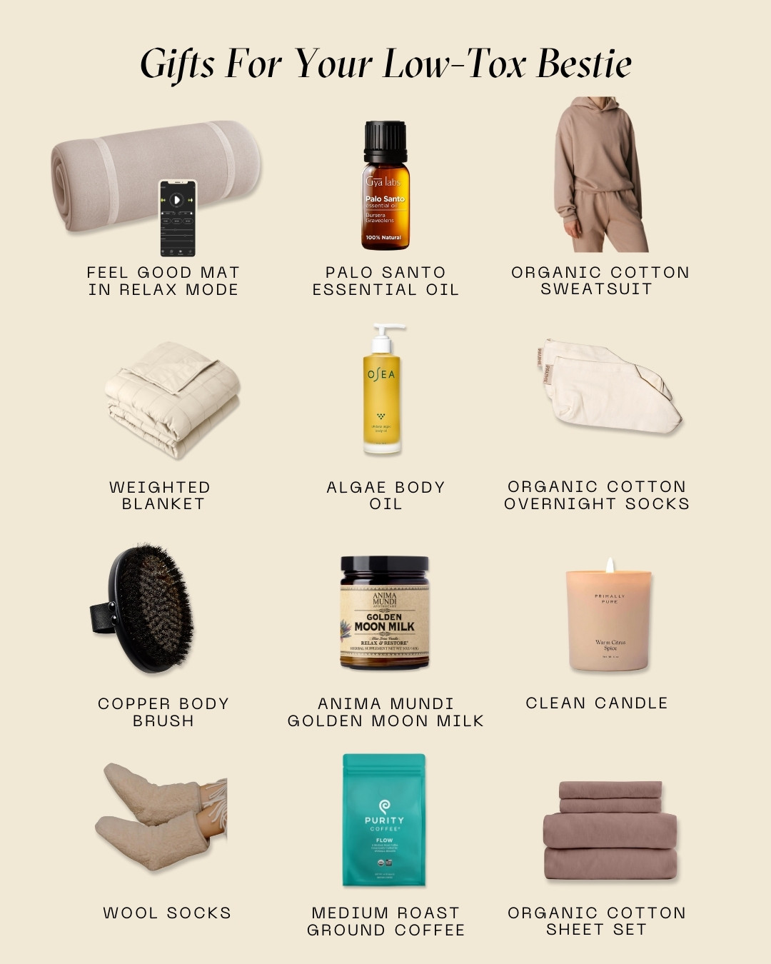 Gifts for Your Low-Tox Bestie 🤎

If she’s all about lowering her stress + toxic load, these are the gifts that actually help. Clean materials, nontoxic scents, and grounding rituals that support a calmer body every day.
My top picks: the Feel Good Mat, organic cotton sweatsuit, Primally Pure candle, OSEA body oil, organic cotton weighted blanket, dry brush, palo santo essential oil + overnight socks. Small swaps → less overwhelm. Shop the low-tox guide 🤍

#LTKGiftGuide #LowToxLiving #WellnessEssentials 

 #LTKGiftGuide #LTKHoliday #LTKselfcare
