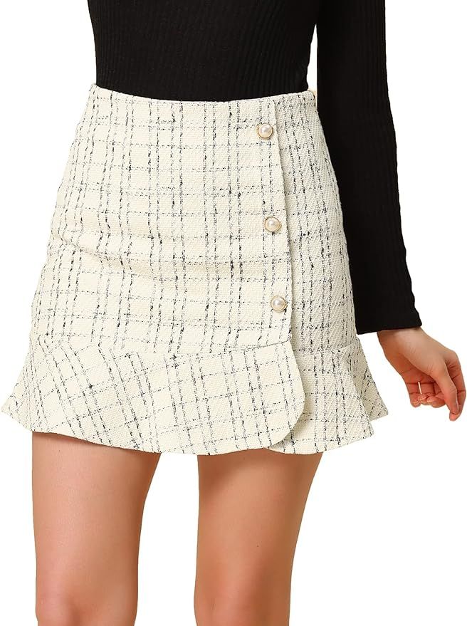 Allegra K Women's Plaid Skirts Ruffle Hem Button Decor Tweed Mini Skirt | Amazon (US)