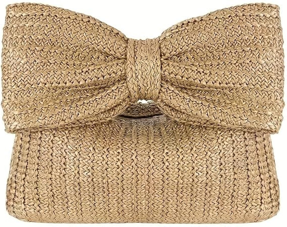 Oversized Bow Straw Clutch Purse for Women, Large Woven Rattan Handbag with Zipper, Boho Summer B... | Amazon (US)