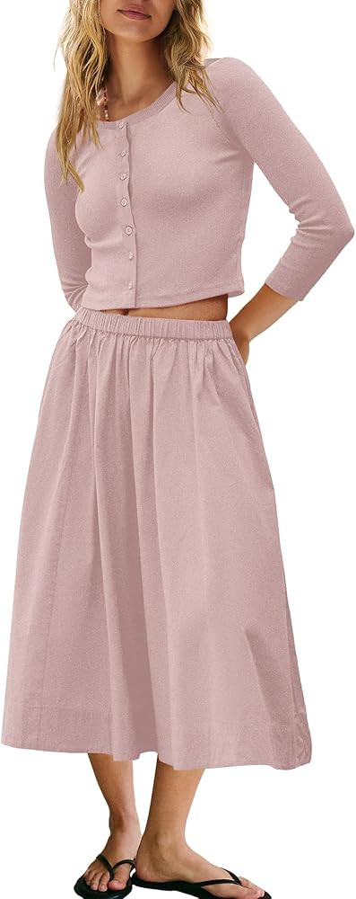 Panadila Womens 2 Piece Lounge Sets Matching Vacation Outfits Ribbed Button Down Cardigan and Ela... | Amazon (US)