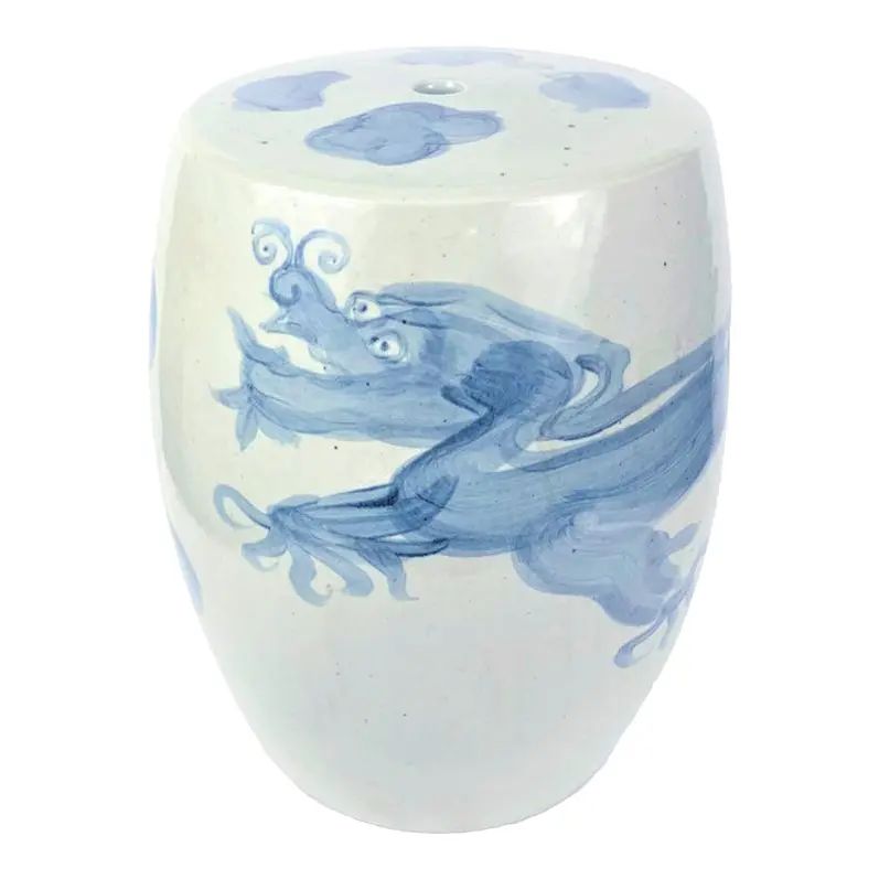 Chinoiserie Blue and White Dancing Dragon Garden Stool | Chairish