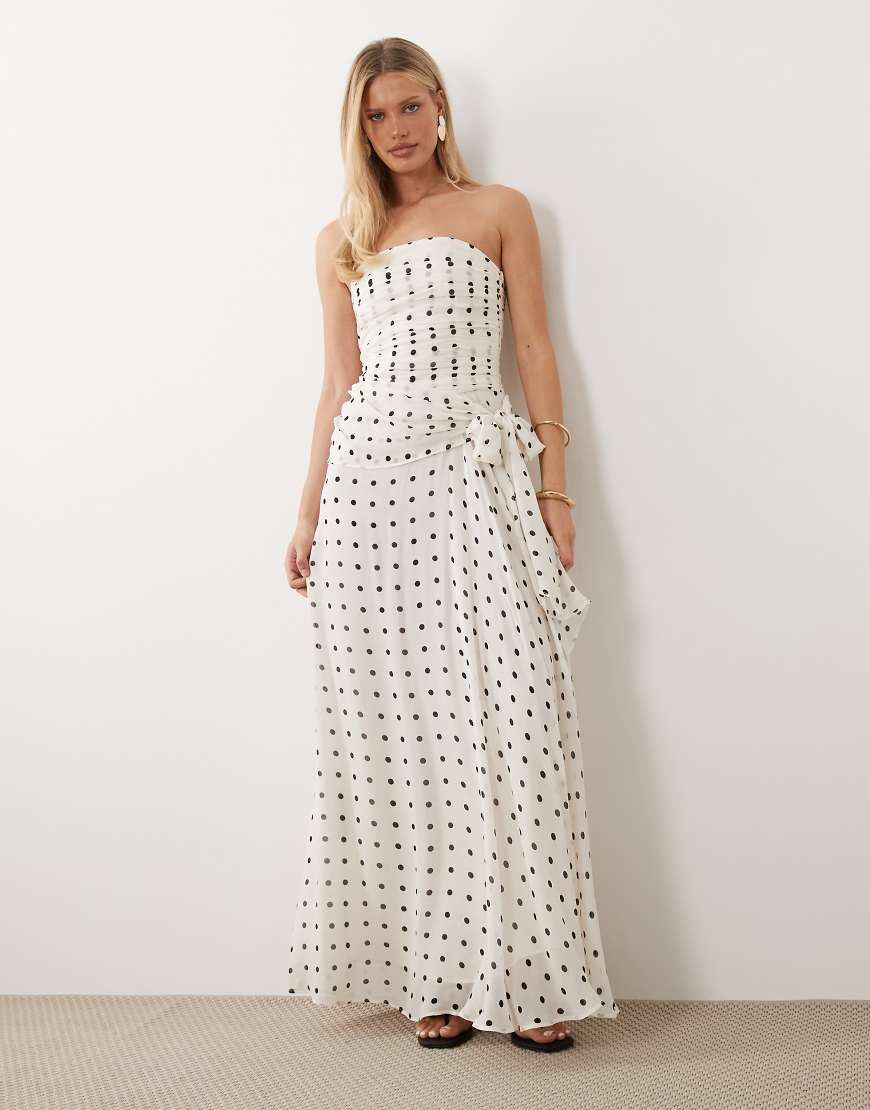 Mango off shoulder maxi dress in cream and black polka dot-Neutral | ASOS (Global)