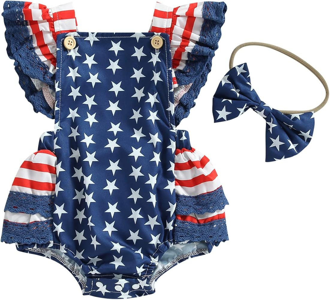 Kupretty Newborn Baby Girl 4th of July Outfits My First Fourth of July Romper Ruffle Sleeve Backl... | Amazon (US)