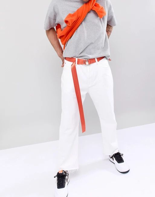 ASOS DESIGN slim woven long ended belt in orange with d-ring fastening | ASOS US