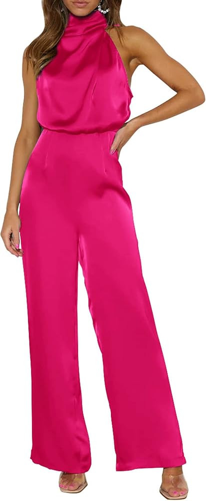 PRETTYGARDEN Women's Satin Jumpsuits 2023 Summer One Piece Outfits Mock Neck Sleeveless Wide Leg ... | Amazon (US)