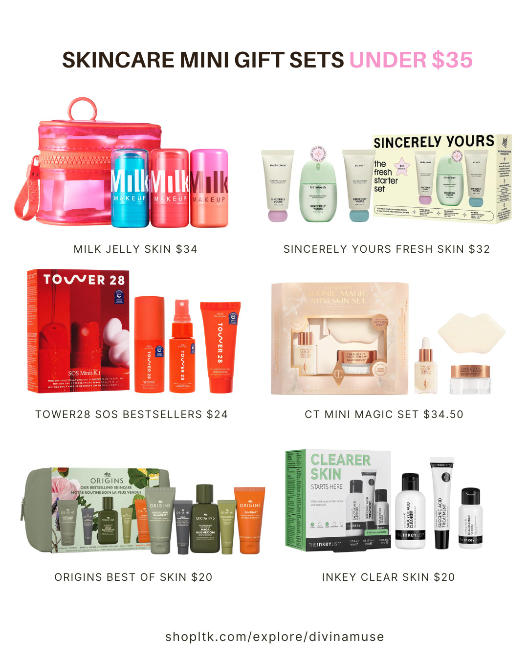 Mini skincare gift sets under $35: fun for discovery without commitment. 
Skincare sets: milk jelly skin, sincerely yours fresh skin, tower28 SOS bestsellers, Charlotte tilbury mini magic skin set, best of origins skincare, and inkey list clear skin set. 

These sets have a focus on hydration and clearing skin. My faves are the tower28 SOS line that helped minimize breakouts by spritzing daily, another is CT’s magic skincare line that gives the most luxurious, high impact hydration while also priming your skin for makeup (I was so frugal with this cream because it’s so beautiful), milk has really cute packaging for their skincare set if your to-be-gifted adores cute things, same with sincerely yours! The inkey list is similar to the ordinary (fair price points, affordable, and simple), and lastly, origins, a very basic skincare line that smells so so good and is great for normal skin with a focus on hydration as maintenance. 

#sephoragifts #beautygifts #giftsforher #giftsforhim #skincareroutine #giftguide #easygifts #stockingstuffers 
 

 #LTKCyberWeek #LTKGiftGuide #LTKFindsUnder50