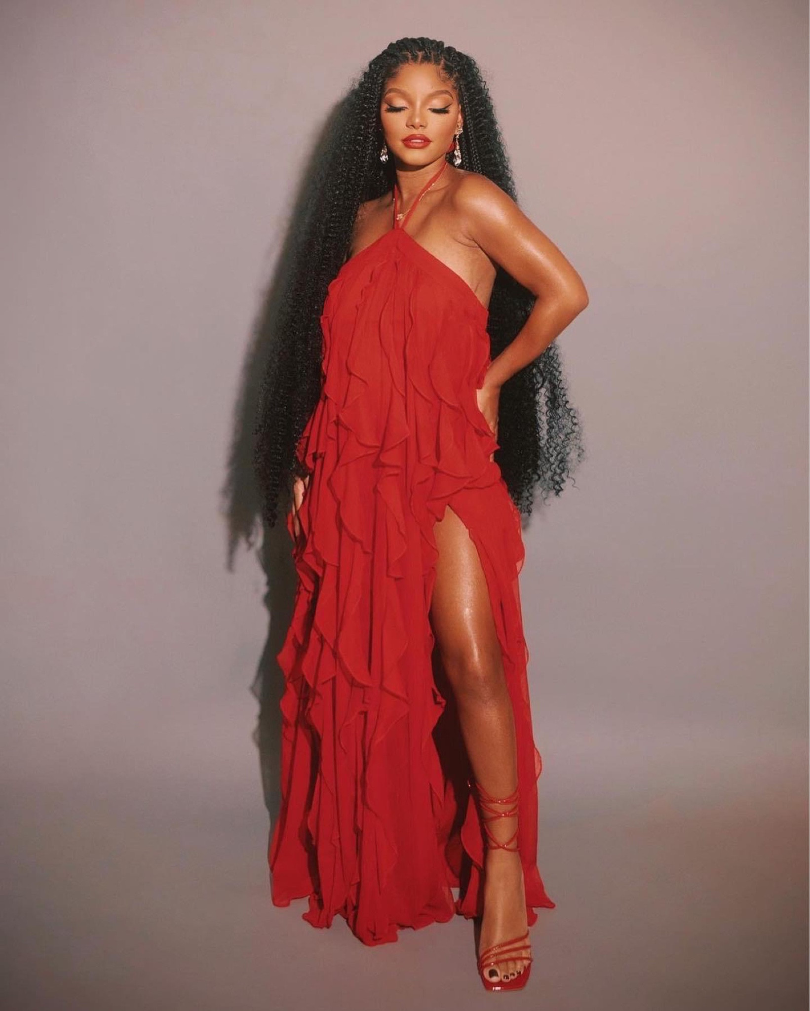 halle bailey red dress Halle Bailey Dons Sheer Red Dress and Louboutin Open-Toe Sandal for Vanity  Fair's 2025 Oscars After Party
