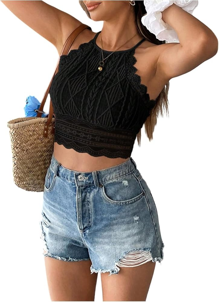 SHENHE Women's Summer Lace Trim Halter Crop Top High Neck Sleeveless Beach Vacation Tank | Amazon (US)