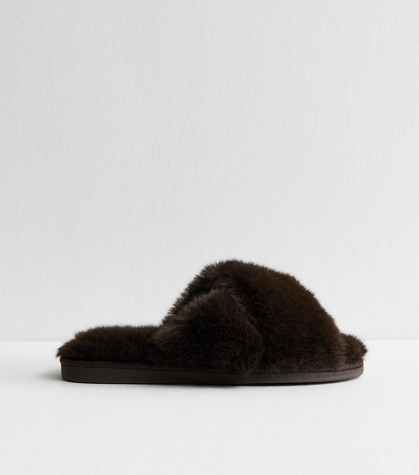 Brown Faux Fur Cross Slippers | New Look | New Look (UK)