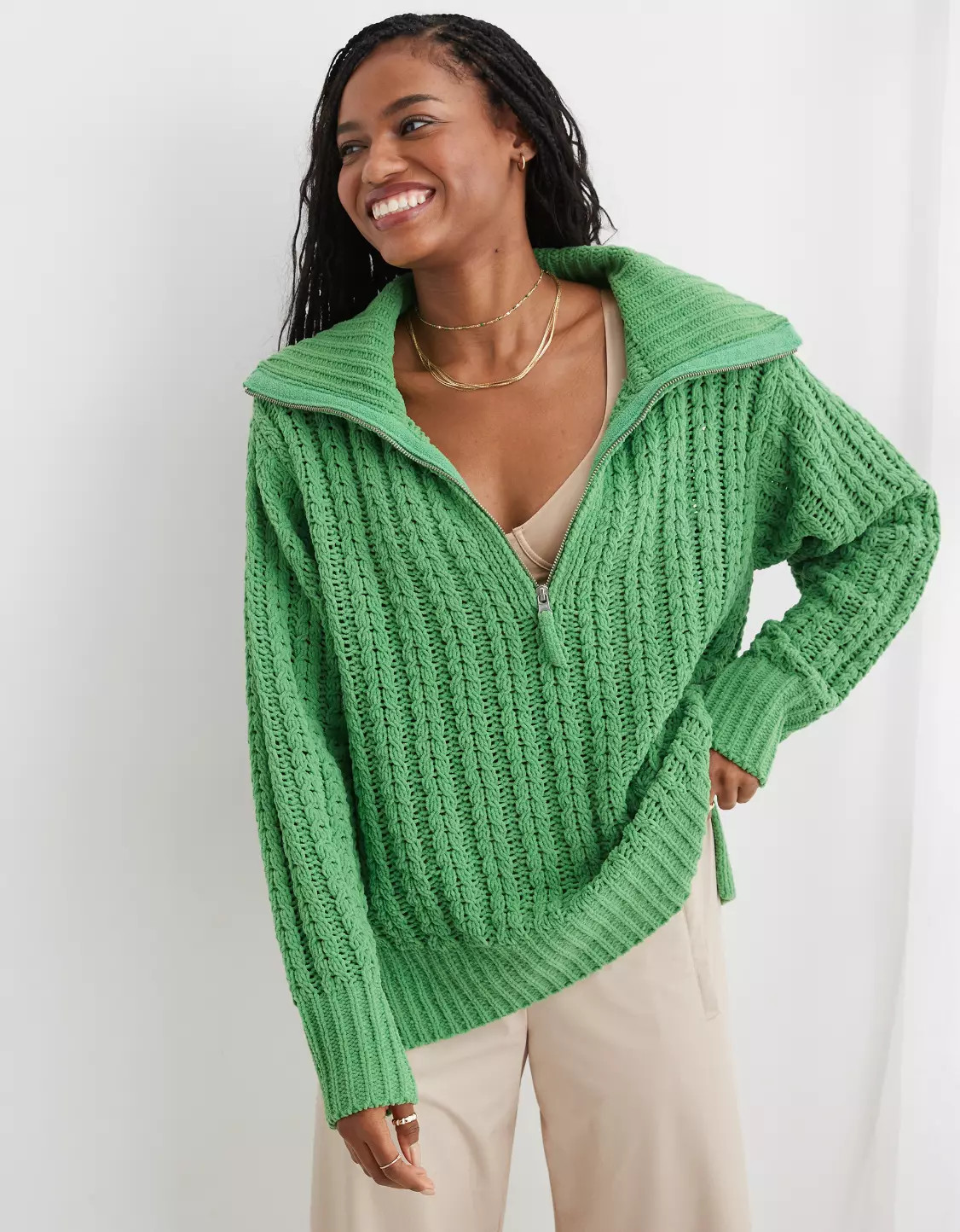 Aerie Cable Car Quarter Zip Sweater | American Eagle Outfitters (US & CA)
