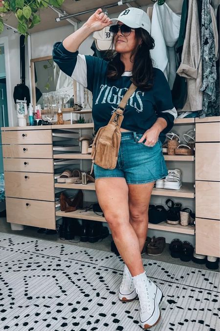 Weekend casual outfit sporting event outfit Baseball tee xl Shorts sized up to a 16 for a loose fit Converse platforms tts Crossbody bag Dad hat

#LTKcurves #LTKSeasonal #LTKunder50