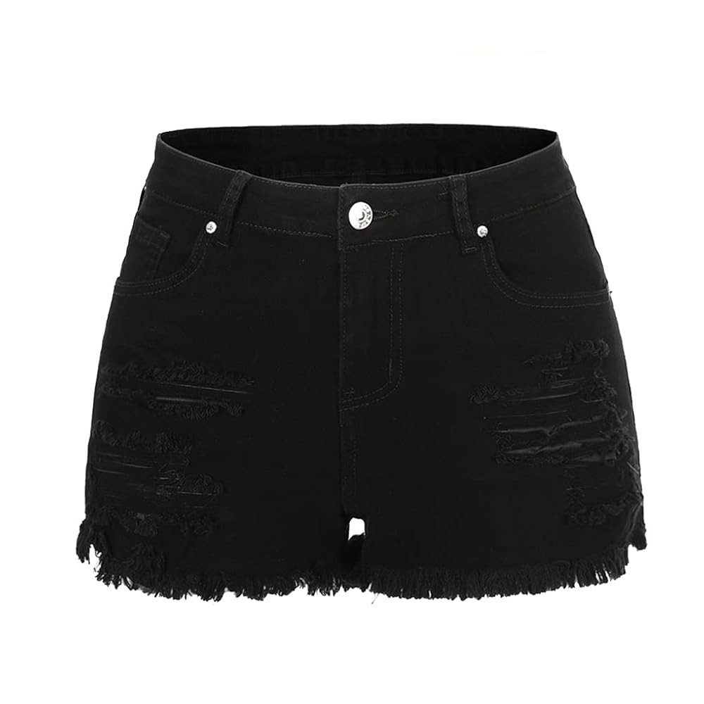 THUNDER STAR Women Mid Rise Ripped Stretchy Jeans Shorts Frayed Raw Hem Casual Denim Shorts | Amazon (US)